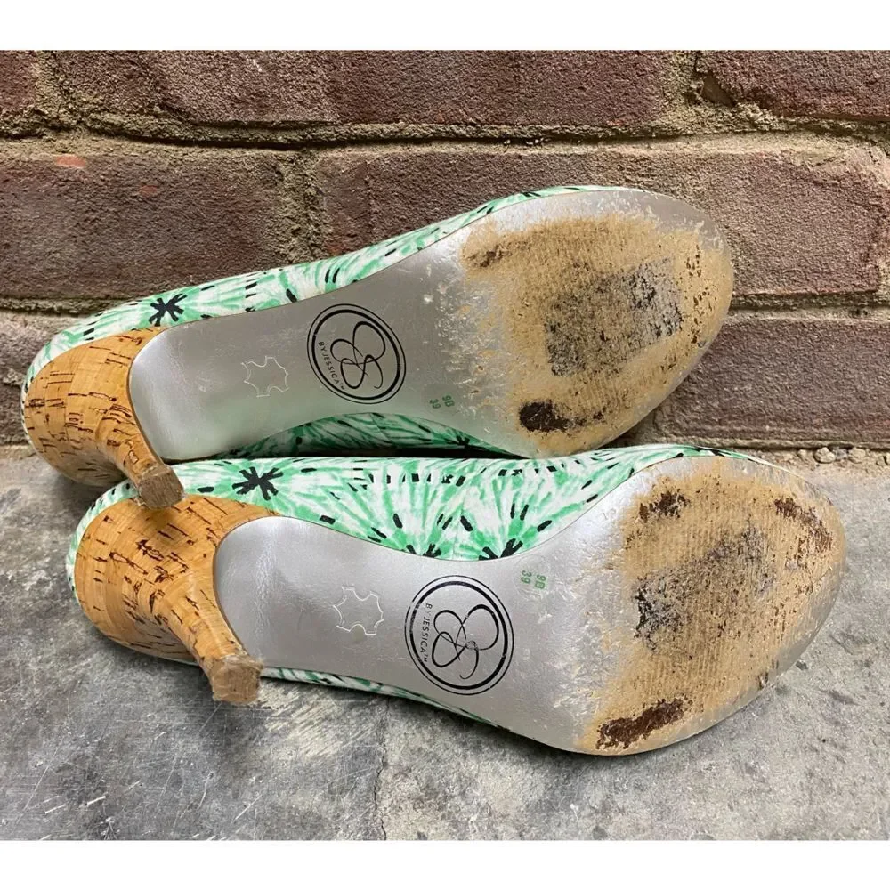 Jessica Simpson JP Oscar Green Multi Fabric Cork Heel Pump Size 9